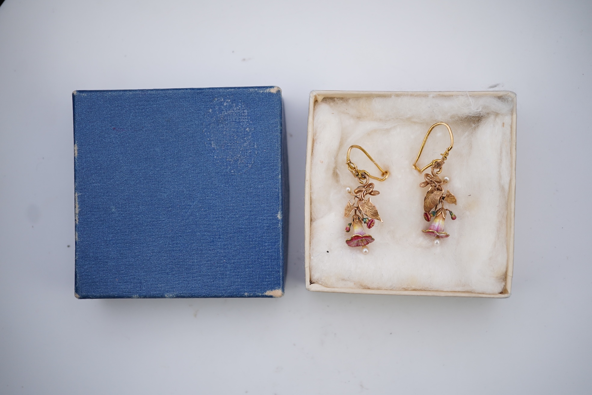 A rare pair of naturalistic gold, enamel and seed pearl earrings, circa 1850